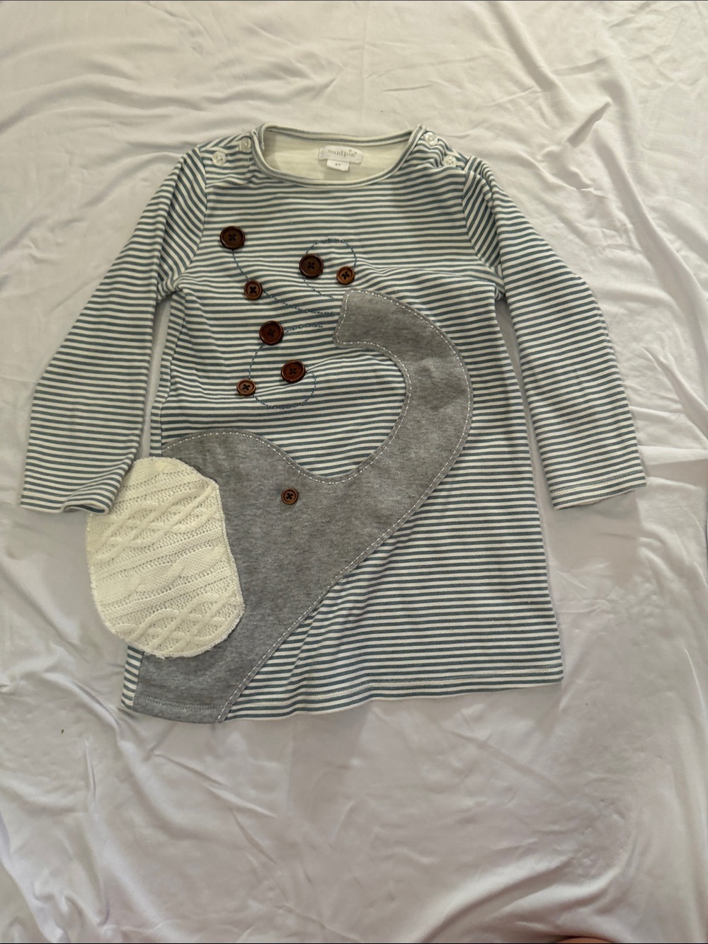 Mud Pie Gray & White Striped Long Sleeve Top with Elephant Appliqué